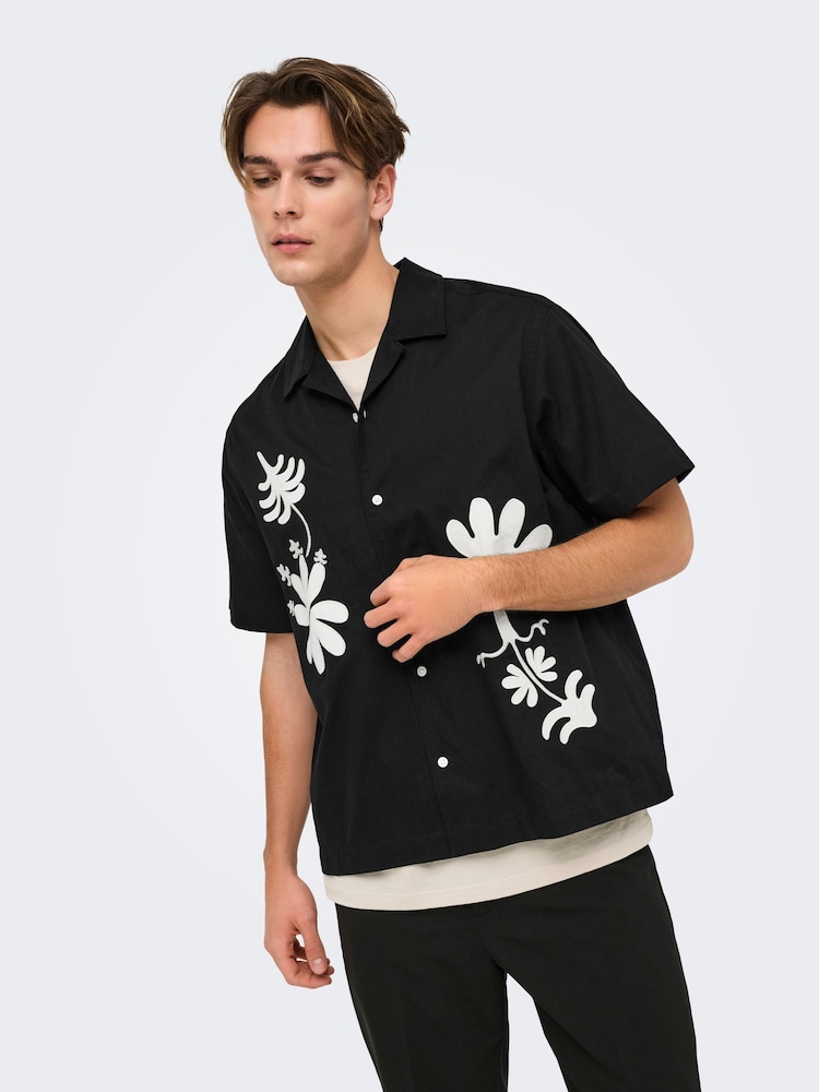 Only & Sons Black Embroidery Abstract 100% Cotton Shirt - Image 1 of 7