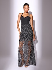 Lipsy Black Petite Corset Detail Sequin Sheer Skirt Maxi Dress - Image 1 of 4