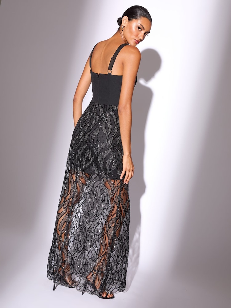Lipsy Black Petite Corset Detail Sequin Sheer Skirt Maxi Dress - Image 4 of 4