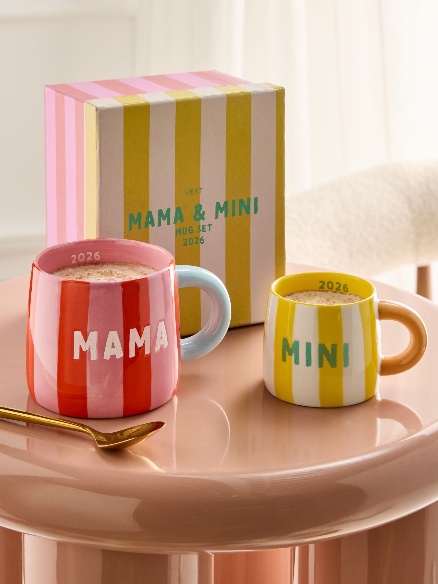 Buy Set of 2 Pink/Yellow Stripe Mama and Mini Est 2026 Mugs from