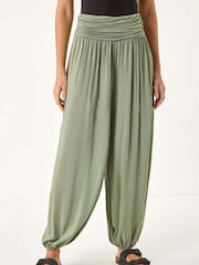 Roman Green Ruched Waist Harem Trousers - Image 4 of 5