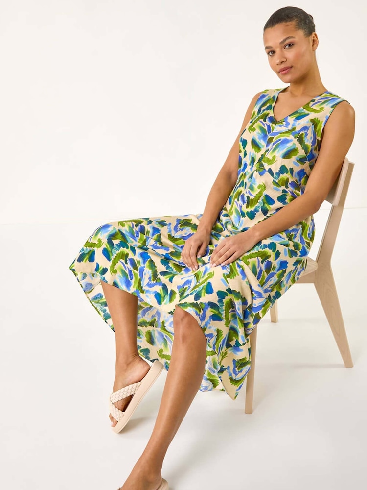 Roman Blue Abstract Print Sleeveless Midi Dress - Image 1 of 5