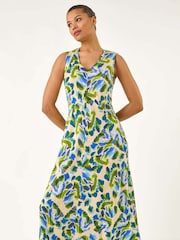 Roman Blue Abstract Print Sleeveless Midi Dress - Image 4 of 5