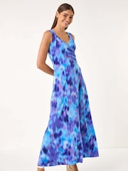 Roman Purple Abstract Print Gathered V-Neck Maxi Dress - Image 1 of 5
