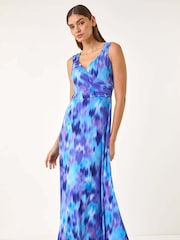 Roman Purple Abstract Print Gathered V-Neck Maxi Dress - Image 2 of 5