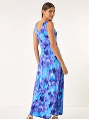 Roman Purple Abstract Print Gathered V-Neck Maxi Dress - Image 3 of 5