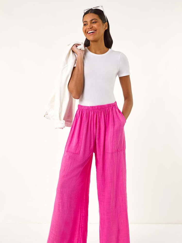 Roman Pink Elasticated Waist 100% Cotton Wide Leg Trousers - Image 1 of 5 Roman Pink Elasticated Waist 100% Cotton Wide Leg Trousers - Image 1 of 5
