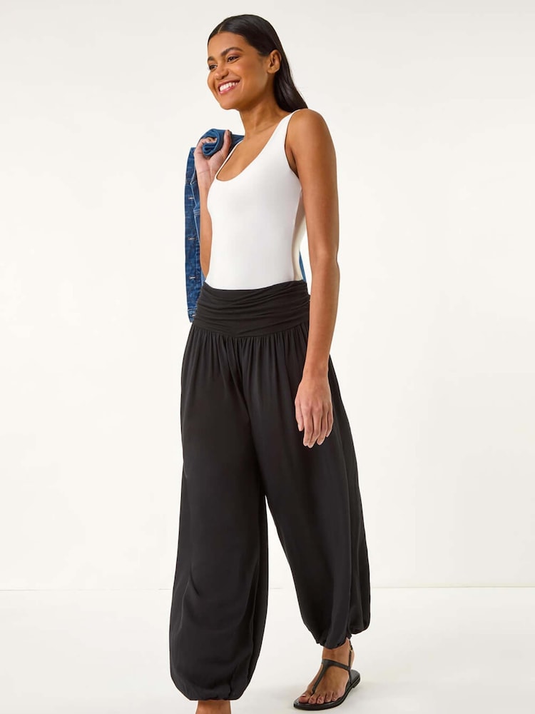 Roman Black Ruched Waist Harem Trousers - Image 2 of 5