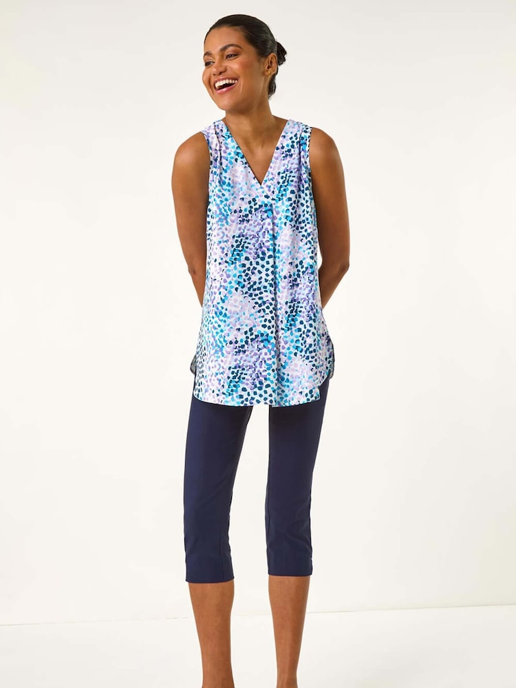 Roman Blue Abstract Print V-Neck Pleat Blouse - Image 2 of 5