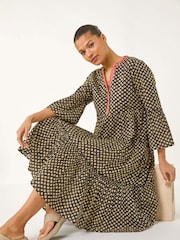 Roman Black Geometric Tiered 100% Cotton Midi Dress - Image 1 of 5