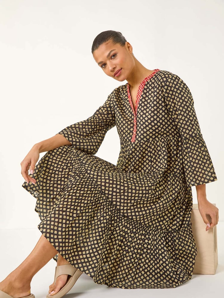 Roman Black Geometric Tiered 100% Cotton Midi Dress - Image 1 of 5