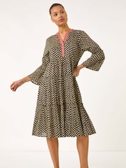 Roman Black Geometric Tiered 100% Cotton Midi Dress - Image 2 of 5