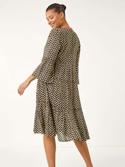 Roman Black Geometric Tiered 100% Cotton Midi Dress - Image 3 of 5