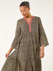 Roman Black Geometric Tiered 100% Cotton Midi Dress - Image 4 of 5