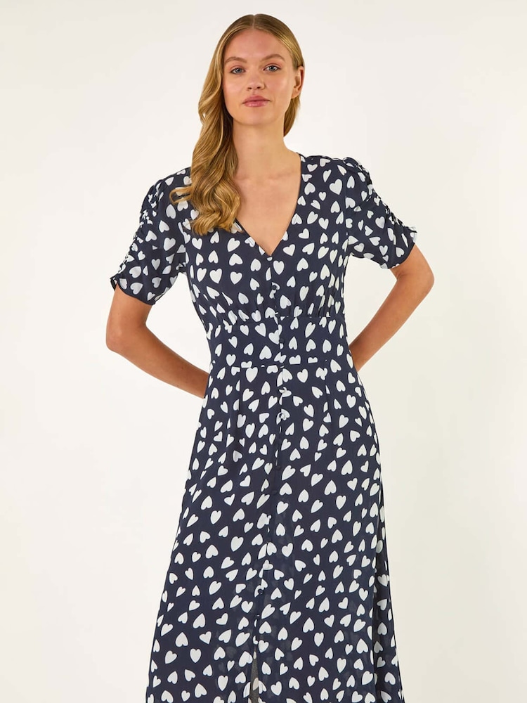 Roman Blue Heart Print Ruched Midi Dress - Image 1 of 5