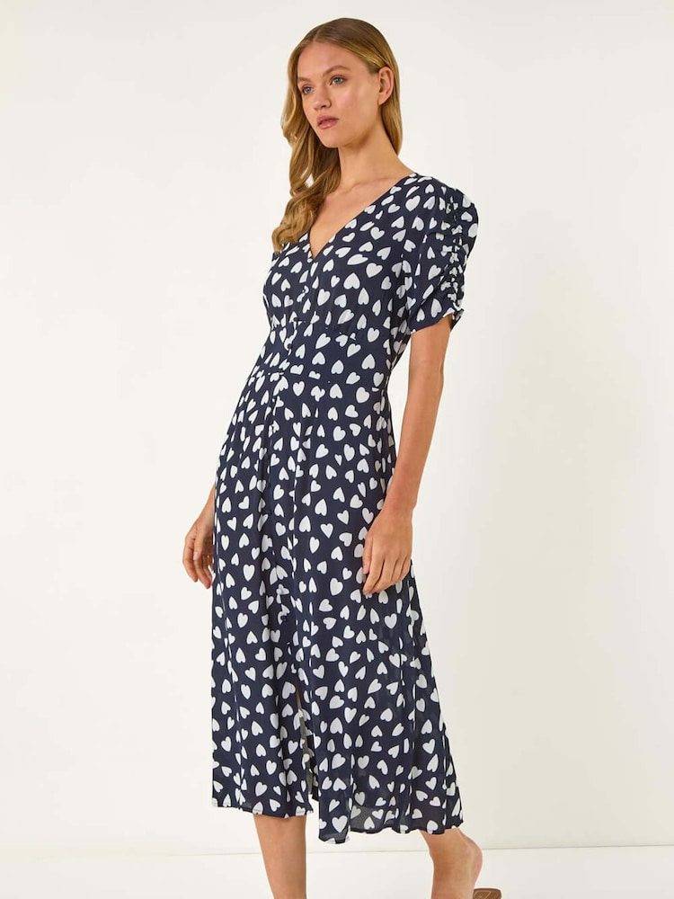 Roman Blue Heart Print Ruched Midi Dress - Image 2 of 5