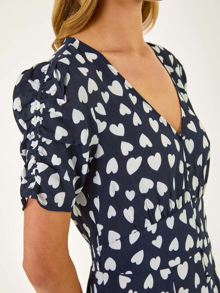 Roman Blue Heart Print Ruched Midi Dress - Image 5 of 5