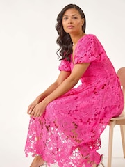 Roman Pink Crochet Lace V-Neck Midi Dress - Image 1 of 5