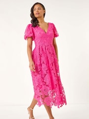 Roman Pink Crochet Lace V-Neck Midi Dress - Image 2 of 5