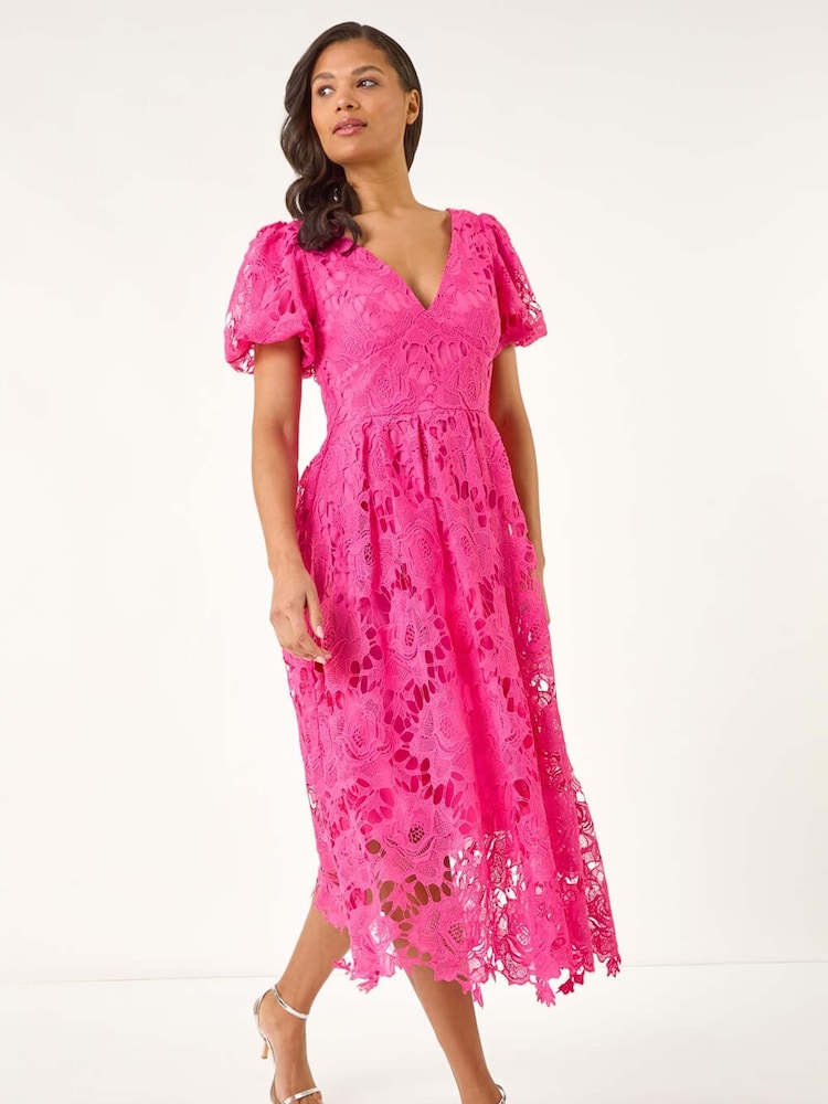 Roman Pink Crochet Lace V-Neck Midi Dress - Image 2 of 5