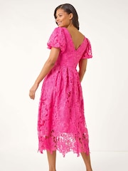 Roman Pink Crochet Lace V-Neck Midi Dress - Image 3 of 5
