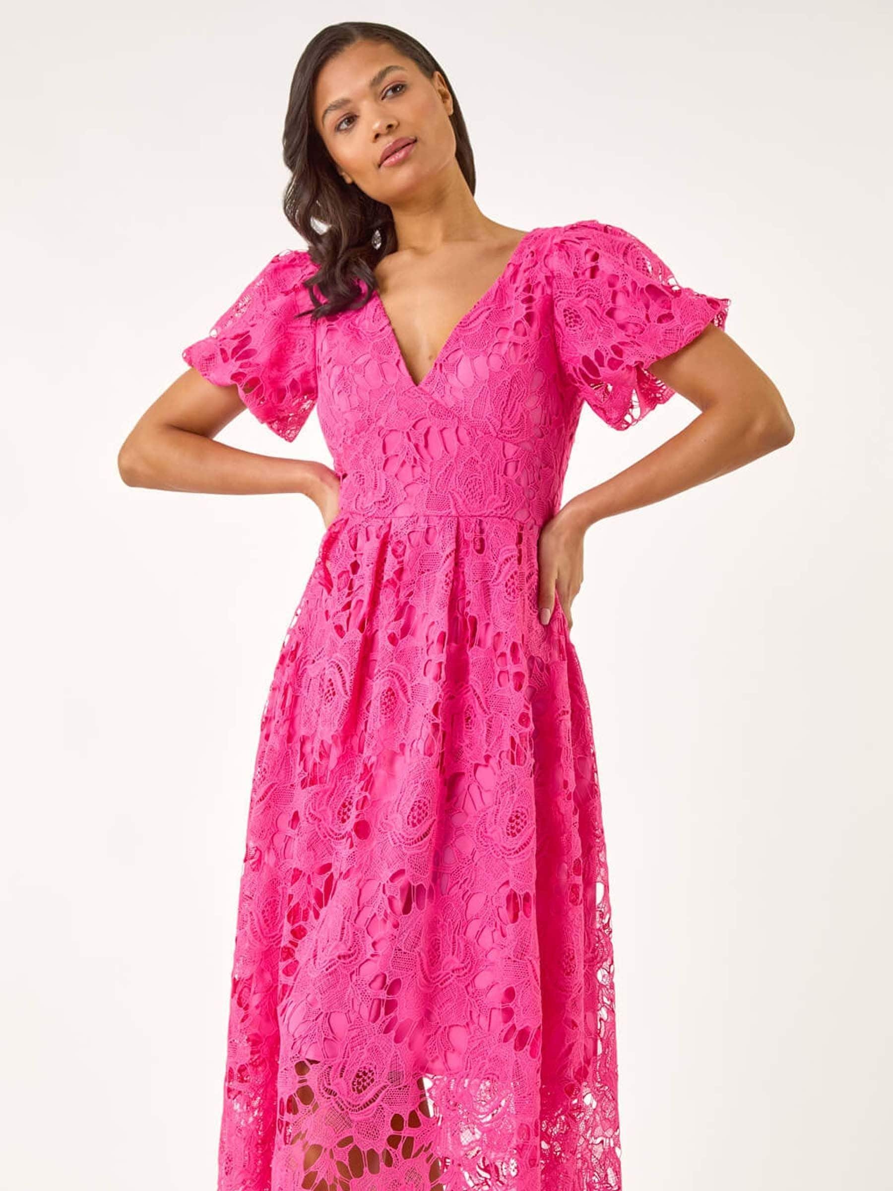Comprar Rosa - Vestido midi de renda de crochê romano com decote