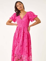 Roman Pink Crochet Lace V-Neck Midi Dress - Image 4 of 5
