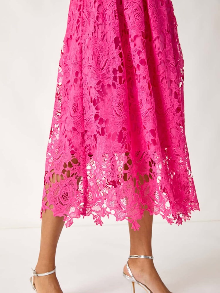 Roman Pink Crochet Lace V-Neck Midi Dress - Image 5 of 5