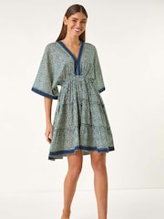 Roman Blue Geometric Contrast Tiered 100% Cotton Dress - Image 1 of 5