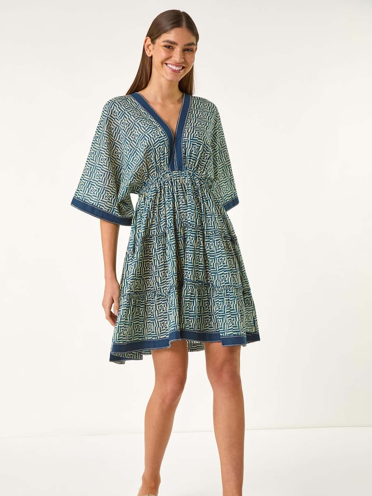 Roman Blue Geometric Contrast Tiered 100% Cotton Dress - Image 1 of 5