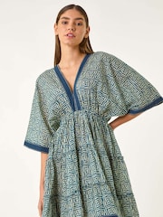 Roman Blue Geometric Contrast Tiered 100% Cotton Dress - Image 2 of 5