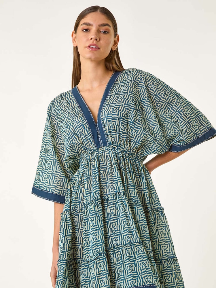 Roman Blue Geometric Contrast Tiered 100% Cotton Dress - Image 2 of 5