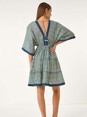 Roman Blue Geometric Contrast Tiered 100% Cotton Dress - Image 3 of 5