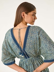 Roman Blue Geometric Contrast Tiered 100% Cotton Dress - Image 4 of 5