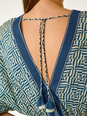 Roman Blue Geometric Contrast Tiered 100% Cotton Dress - Image 5 of 5