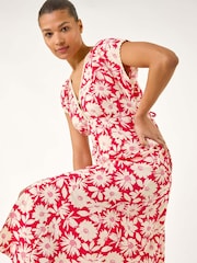 Roman Red Daisy Print Lace Trim Midi Dress - Image 1 of 5