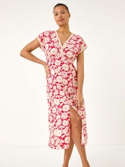 Roman Red Daisy Print Lace Trim Midi Dress - Image 2 of 5
