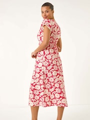 Roman Red Daisy Print Lace Trim Midi Dress - Image 3 of 5