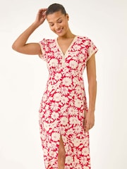 Roman Red Daisy Print Lace Trim Midi Dress - Image 4 of 5