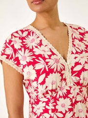 Roman Red Daisy Print Lace Trim Midi Dress - Image 5 of 5