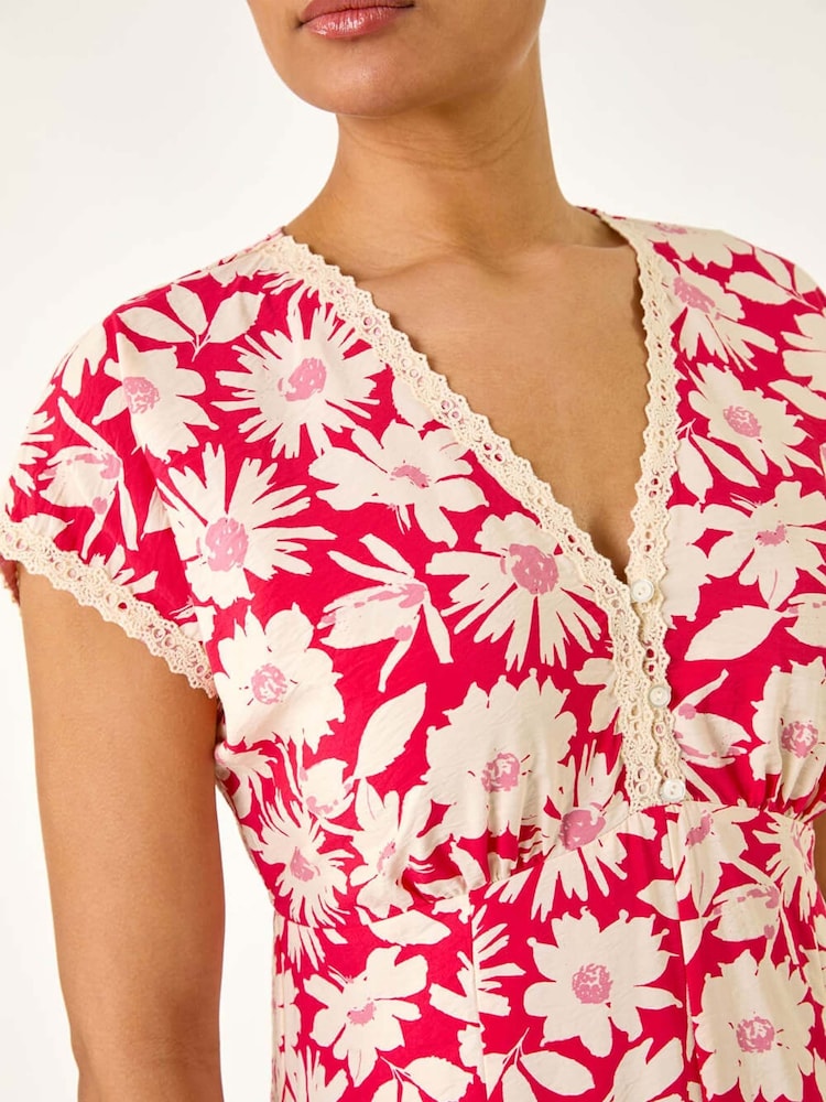 Roman Red Daisy Print Lace Trim Midi Dress - Image 5 of 5