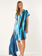 Roman Blue Abstract Printed 100% Linen Shift Dress - Image 1 of 5