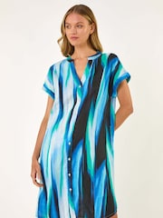 Roman Blue Abstract Printed 100% Linen Shift Dress - Image 2 of 5