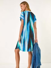 Roman Blue Abstract Printed 100% Linen Shift Dress - Image 3 of 5