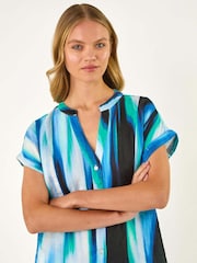 Roman Blue Abstract Printed 100% Linen Shift Dress - Image 4 of 5