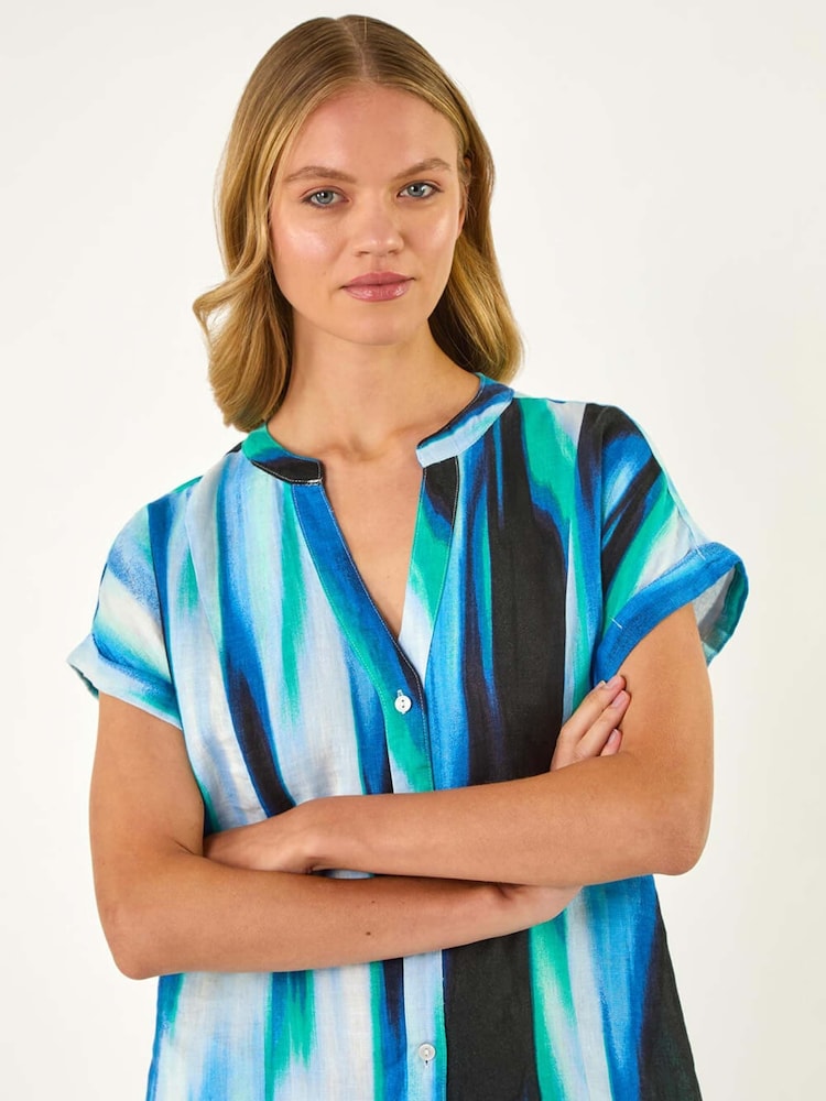 Roman Blue Abstract Printed 100% Linen Shift Dress - Image 4 of 5
