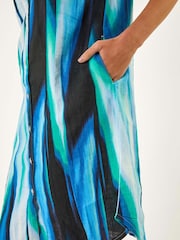Roman Blue Abstract Printed 100% Linen Shift Dress - Image 5 of 5
