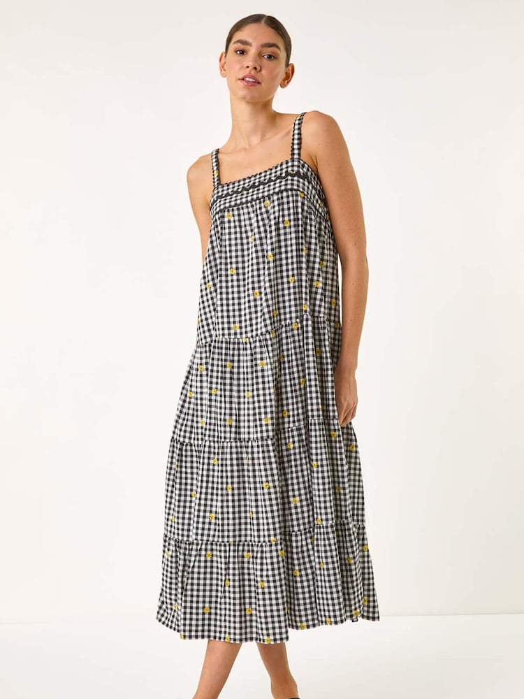 Roman Black Gingham Embroidered Midi Dress - Image 2 of 5