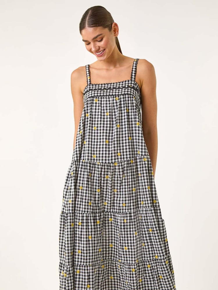 Roman Black Gingham Embroidered Midi Dress - Image 3 of 5