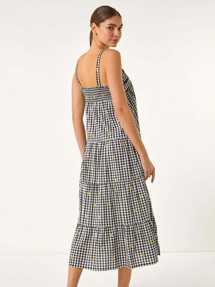 Roman Black Gingham Embroidered Midi Dress - Image 4 of 5